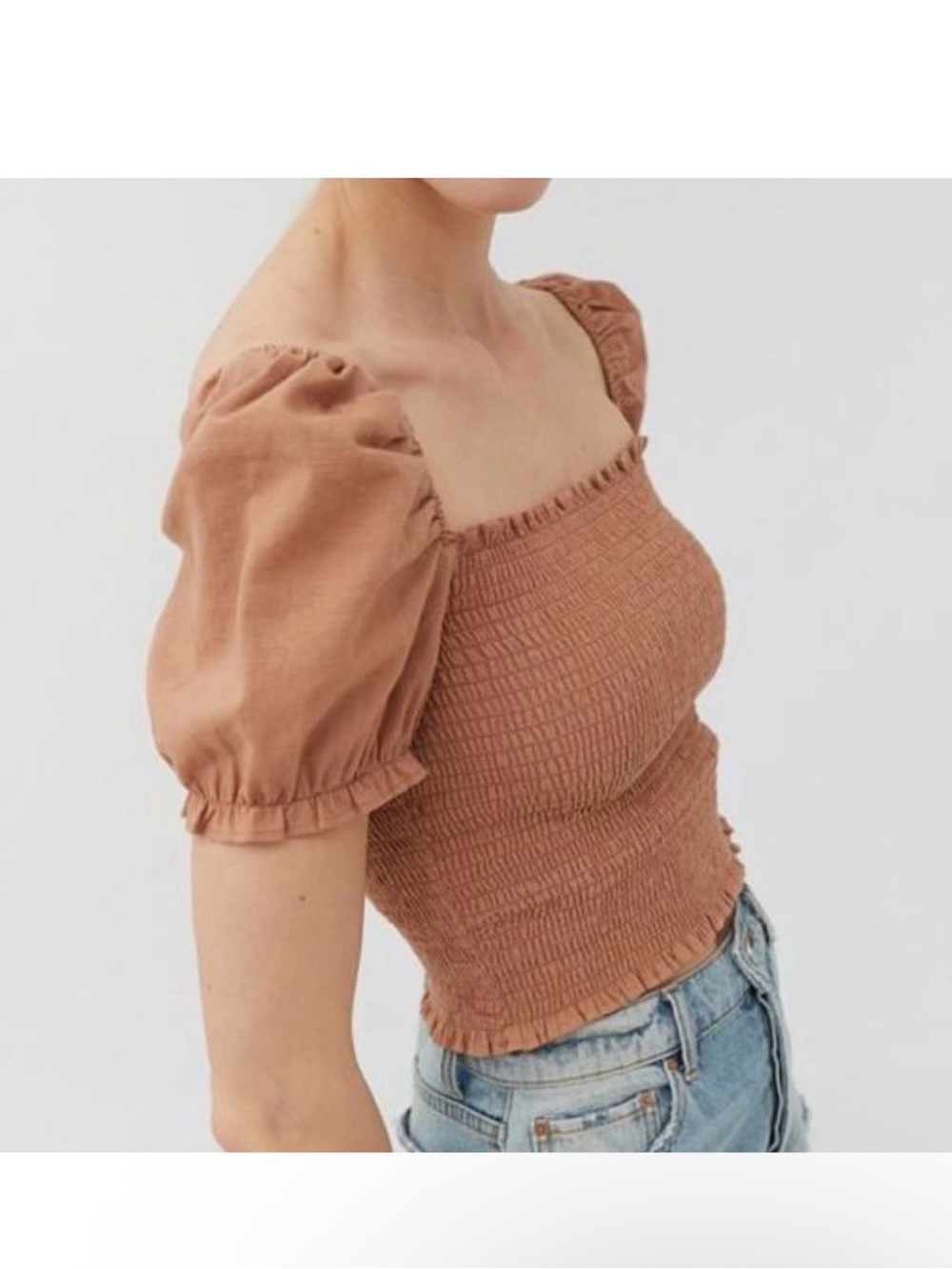 Urban Outfitters Brown Smocked Puff Sleeve Milkmaid Top Y2K Fairy Forest Grunge